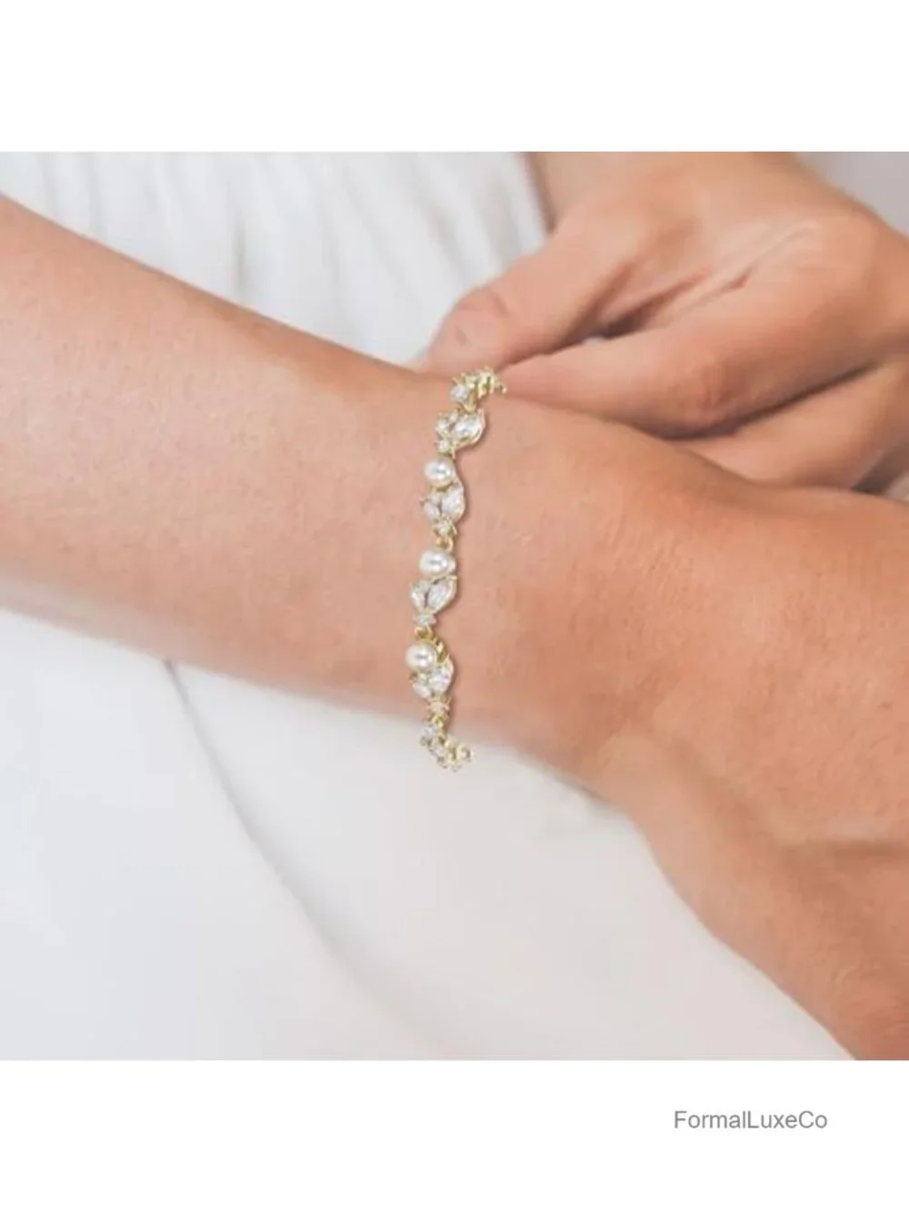 Simulated Pearl CZ Leaf Tennis Bracelet Women Bride Wedding